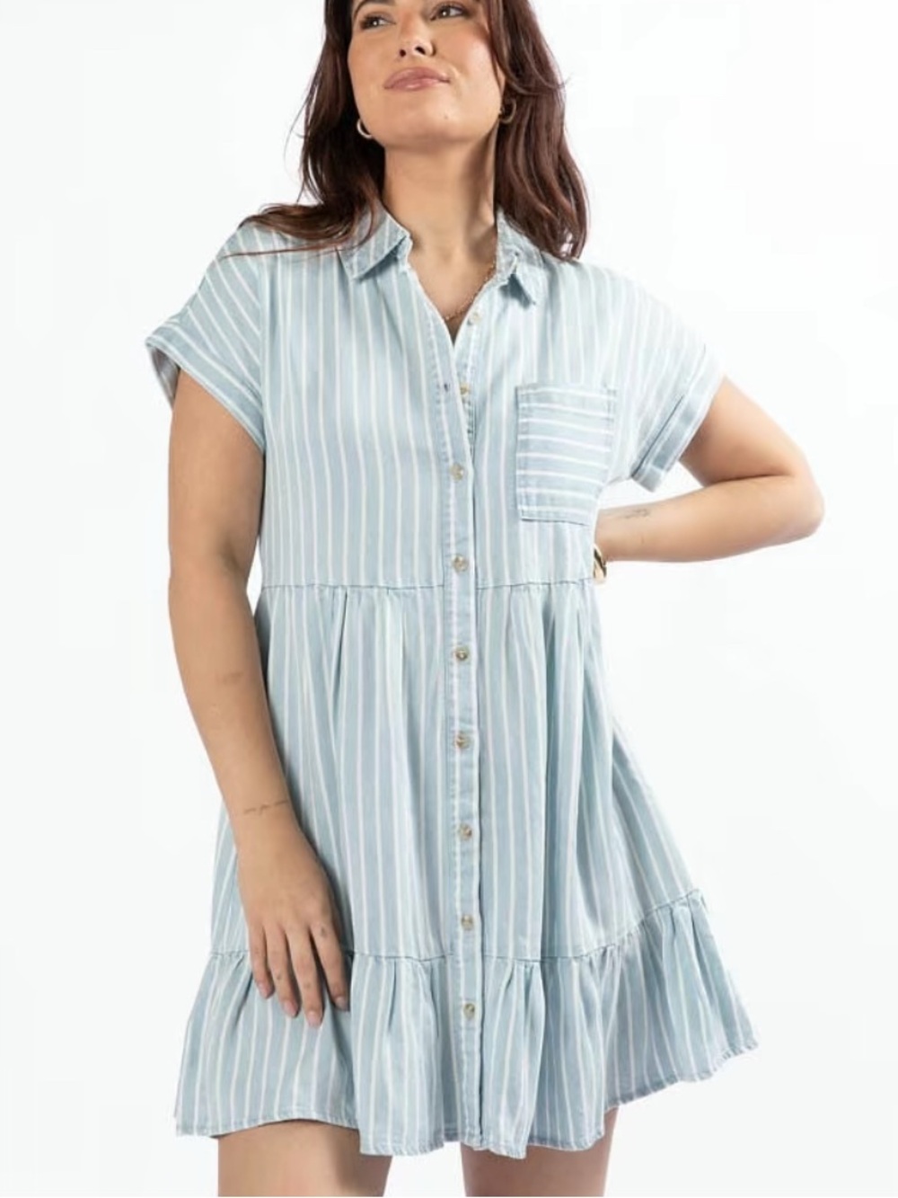 Pink Lily Light Blue Striped Chambray Shirt Dress